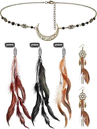 Kigeli 5 Pack Boho Hair Feather Headpiece Clip-in Moon Chain