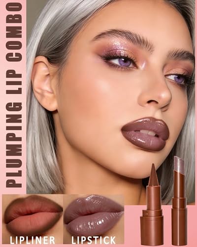 Brown Matte Lip Liner & Nude Glitter Lipstick Combo Set