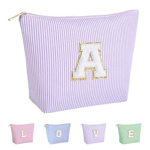 Personalized Gifts Initial Makeup Bag, Preppy Stuff Cosmetic Bags for Women Travel Toiletry Bag Cute Make Up Pouch Birthday Wedding Christmas Gift for Teen girls Friends (Purple, A)