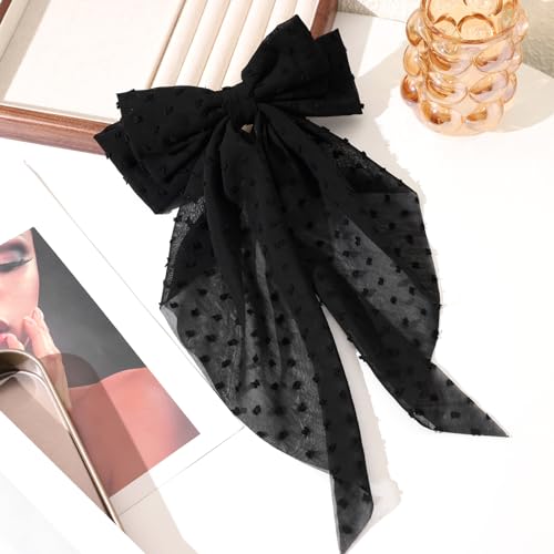 LFOUVRE Black Bow Clip 3pcs, Floral Hair Bow Clips for Girls with Tail, Big Hair Bows for Women, Bows for Girl Bowknot Barrettes, Hair Accessories