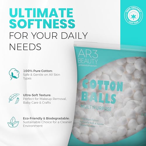 Ar3 Beauty 100% Pure Cotton Balls - Hypoallergenic & Lint-Free Bulk Pack