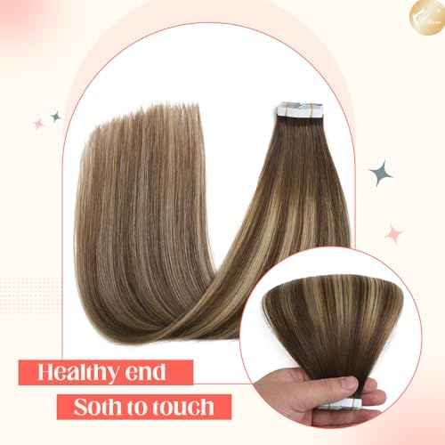 XDhair Tape in Hair Extensions Human Hair 20pcs 50g Balayage Chocolate Brown to Caramel Blonde with Chocolate Brown Roots Invisible Tape in Extensions for Women(14, #4/27/4)