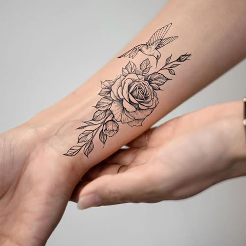 Semi Permanent Tattoos, 2 Sheets Realistic Temporary Tattoos for Women, Fake Tattoo for Ankle Arm Waist, Waterproof No Reflective, Lasts 2 Weeks (Hummingbird floral & Feather Flower Designs)