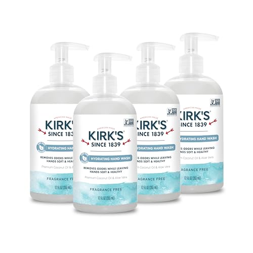 Kirk's Hydrating Hand Wash - Made with Premium Coconut Oil and Aloe Vera, With Plant Based Technology To Help Eliminate Odors, Non GMO, Vegan, Fragrance Free, 12 Fl Oz. 4 pack