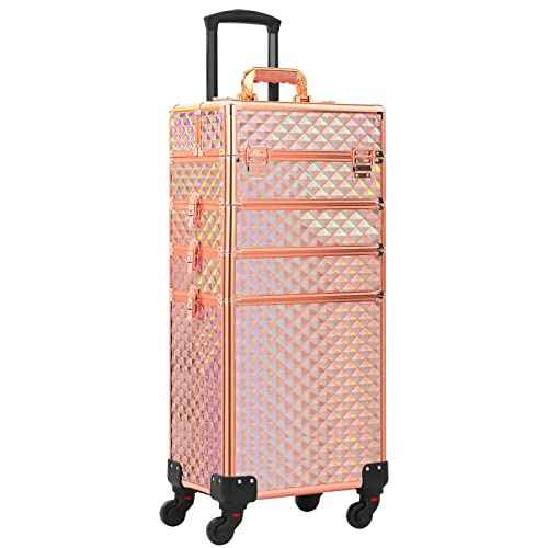 Rolling Makeup Case 4 in 1,Professional Makeup Train Case organizers,Large Storage Cosmetic case Trolley,Makeup Travel Case for Salon Barber Rose Gold,Pink