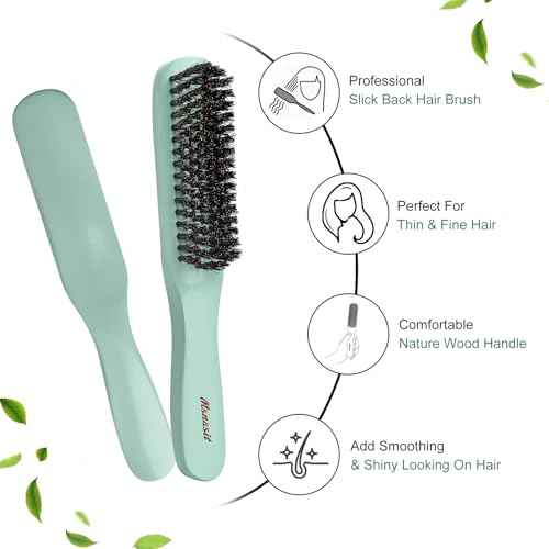 Professional Slick Back Hair Brush, Wood Middel Softness Boar Bristle Hairbrush for Thin and Fine Hair,Nature Wooden Green Color Hair Brush for Smoothing Frizz & Flyaways,Women and Men