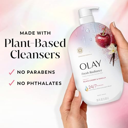 Olay Body Wash for Women, Fresh Radiance, 24/7 Skin-Loving Freshness, Visibly Radiant, Plant Based Cleansers, Vitamin B3 & Antioxidant Blend, For All Skin Types, Black Cherry & Vanilla Scent, 35 fl oz