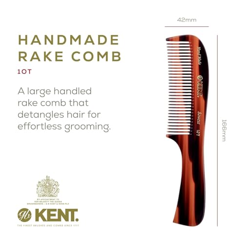 Kent 10T Graphite and Tortoise Large Detangler Comb, Handmade Wide Tooth Comb for Curly Hair, Detangling Combs For Wet and Dry Hair, Combs for Thick Hair, Saw-Cut and Hand Polished Made in England