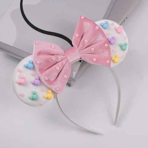 JIAHANG Velvet Mouse Ears Headband with Beads, Velour Hair Bow Hairband, Party Decoration Headwear Hair Accessories for Women Girls