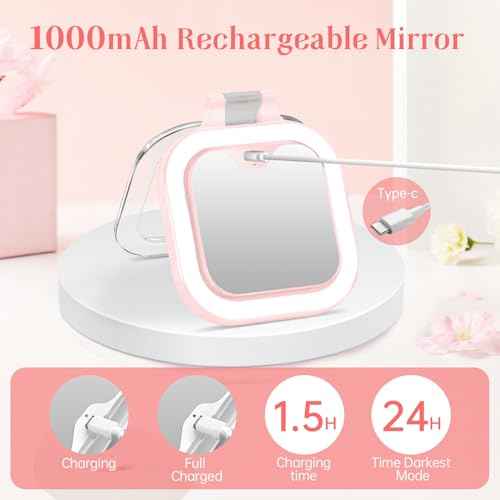 FASCINATE 20X Magnification Compact Travel Makeup Mirror with Lights and Magnification, 3.5 inch Portable 1X/20X Magnifying Mirror with 3 Color Light, Folding, Handheld (Pink)