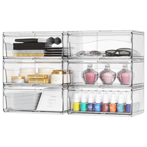 6 Pack Clear Stackable Storage Drawers,12"W Large Bathroom Makeup Organizer and Pen,Sunglass,Medicine,Baby Bottle Organizer,Plastic Pull Out Storage Bins for Desk,Under Cabinets,Vanity Countertop