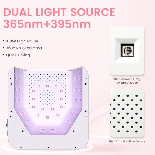 UV Nail Lamp 108W, UV Light for Gel Nail Polish, Cordless LED Nail Lamp with 36 Beads & Touch Display, Nail Light with 4 Timer Mode & Auto Sensor, Fast Curing Nail Dryer for Salon & Home (Pink)
