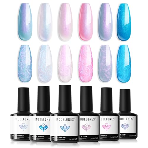 Modelones Gel Nail Polish Set Glitter 6 Colors A A A2 Pearl Legend - Pearl Pink Blue White