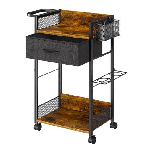 Salon Trolley Cart with Wheels, Mobile Hair Stylist Station with Metal Tool Holder & Basket, Rolling Barber Table with Fabric Drawer, Storage for Salon, Barbershop, Spa & Tattoo, Black