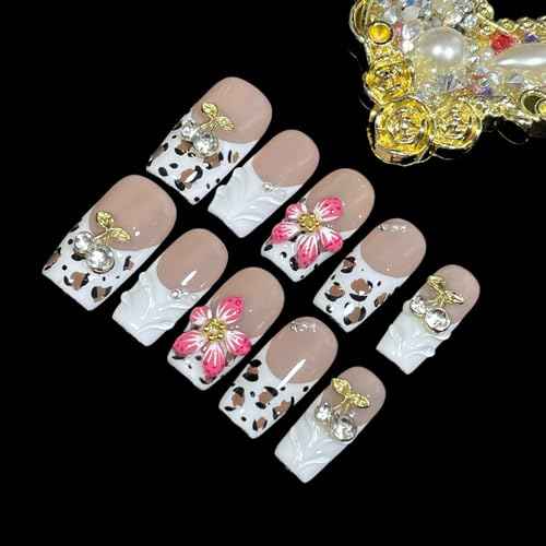 Handmade Press On Nails, 3D Velvet Floral Short/Medium Length Square White French Tips, Leopard Cherry Design, Reusable Acrylic False Nails (Velvet Jungle, M)