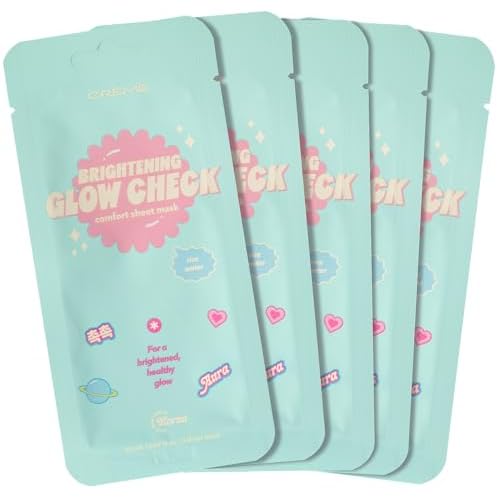 The Creme Shop Glow Check Comfort Sheet Mask 5 Pack, Facial Sheet Mask, Korean Skin Care, Korean Glass Skin, Hydrating, Brightening, Rice Water- Brightening Glow