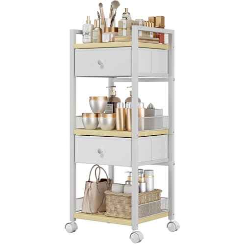 Flycity Makeup Organizer Cart with Drawers, 5 Tier Rolling Makeup Cart, Floor Skincare Organizers, Vanity Organizer Storage with Wheels Cosmetic Display Cases for Skin Care Perfume Nail Polish, White