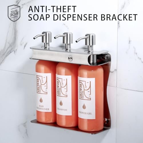 Brushed Silver Shampoo, Conditioner, Body Wash Dispenser Eco-Friendly 3 Compartment Refillable Shampoo and Conditioner Pump Bottle, Wall Mounted Slot Shower Soap Dispenser (KCLS-3)