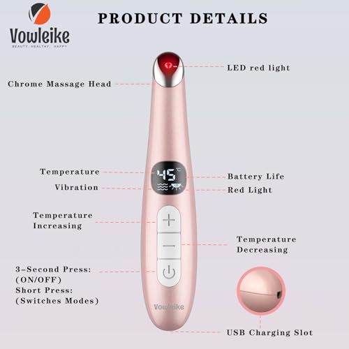 Eye Lift Wand, 3 in 1 Vibrating 98¡ÆF to 113¡ÆF LCD Eye Massager for Dry Eyes, Dark Circles and Puffiness, Face & Neck Lifting Tool for Fine Lines and Wrinkles, Rose Gold