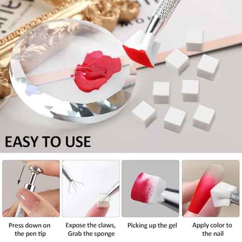 100Pcs/Box Nail Art Sponge for Ombre,Soft Nail Sponges with Grabbing Pen,Gradient Effect Painting Gel Halo Dyeing Tool Brush,Round Glass Palette Mixing Rod for Blooming Nails, Aura Nail,Manicure Salon