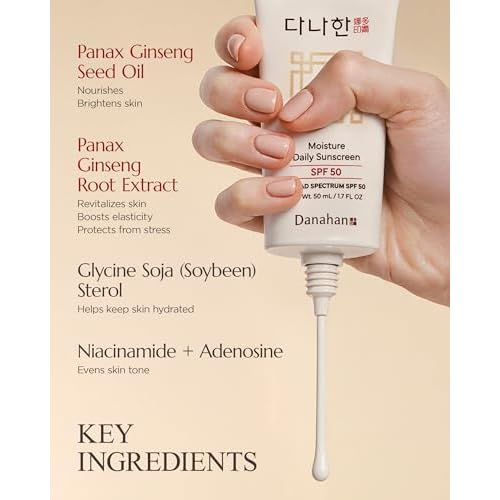 Moisture Daily Sunscreen SPF 50 Broad Spectrum ? No White Cast, Lightweight Korean Face Sunscreen | Hybrid UV Protection with Ginseng & Niacinamide, 1.7 oz