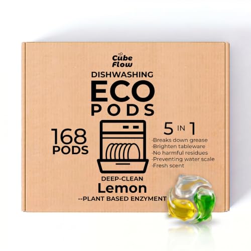 CUBEFLOW ECO Dishwasher Pods 168 Count - 0.47 fl oz each, with Glycerin & Protease/Amylase Enzymes