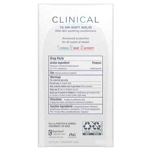 Secret Clinical Strength Antiperspirant Deodorant for Women, Free & Sensitive, 3X Stress Protection, 72hr Sweat & Odor Protection, PH Balancing Minerals, Soft Solid, Unscented, 1.6 oz (Pack of 3)