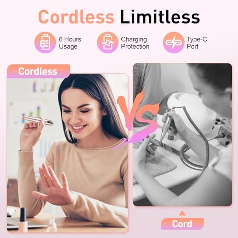 Cordless Nail Drill with 11 Bits, Rechargeable Efile for Acrylic Gel