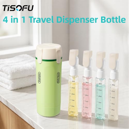 TISOFU 4-in-1 Green Travel Dispenser Bottle, Leak-Proof Refillable Toiletry Container for Shampoo, Conditioner, Shower Gel, Compact & Portable