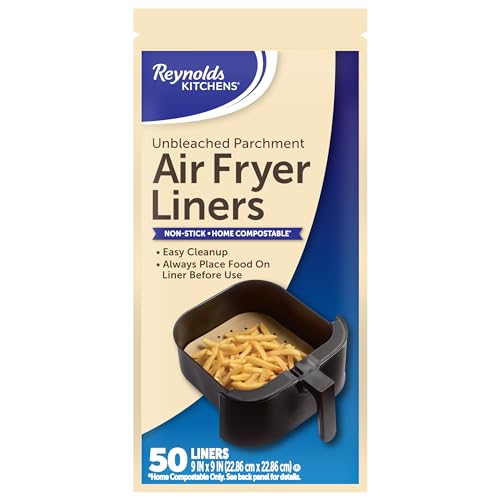 Reynolds Kitchens Air Fryer Liners Disposable, Unbleached Parchment Paper Sheets, 50 Count