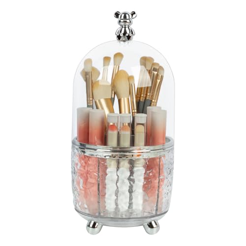 Dezzer Makeup Brush Holder with Lid, 360 Rotating Dustproof Make Up Organizers, 6 Slot Make up Brush Holder for Vanity Bathroom Countertop Office, Clear