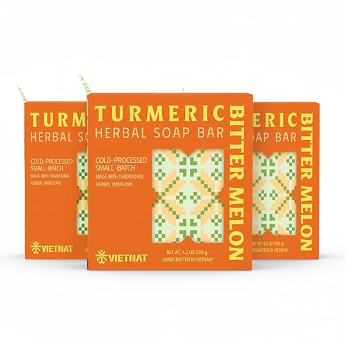 Turmeric & Bitter Melon 2-in-1 Luxurious Natural Soap Bar | Pack of 3 | Refreshing Cleanse for Sweat, Oil & Buildup | Cooling Lemongrass Peppermint | Cold Process | Handmade in Vietnam