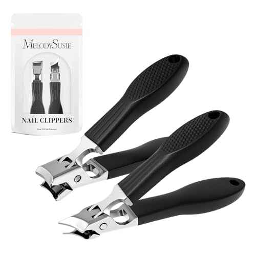 MelodySusie Wide Jaw Opening Nail Clippers Set, 2 pcs Toenail Clippers for Seniors Thick Nails, Anti-Splash Curved and Slanted Nail Clippers for Men Women, Fingernail Cutter with Catcher, Black