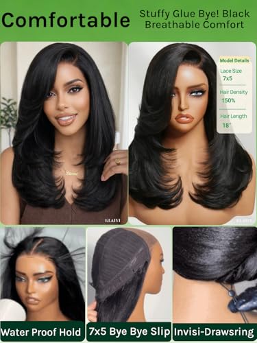 KLAIYI Bye Bye Slip 7x5 Lace Front Yaki Straight Human Hair Wig 16"