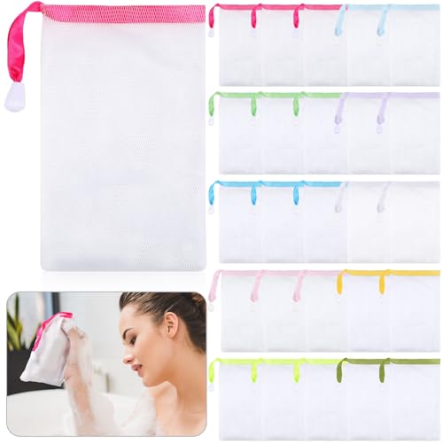 Sunnyray Mesh Soap Saver Bags - Set of 25, 10 Colors, Exfoliating Pouch for Travel & Bathroom