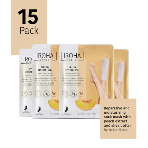 IROHA NATURE Repairing Foot Mask Socks with Peach & Shea Butter | 15 Pairs | Deep Hydration & Instant Repair | For Dry & Cracked Feet | Natural & 100% Vegan | Proven Results