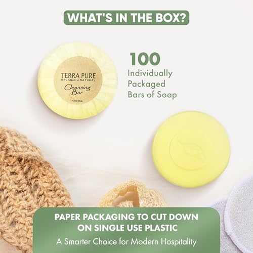 Terra Pure Travel Size Hotel Bar Soap 100 Count 0.6 oz Body Bars Guest Amenities for Hotels Vacation Rentals and Short Term Rentals Paraben Free Green Tea Scent Infused with Aloe and Olive Oil