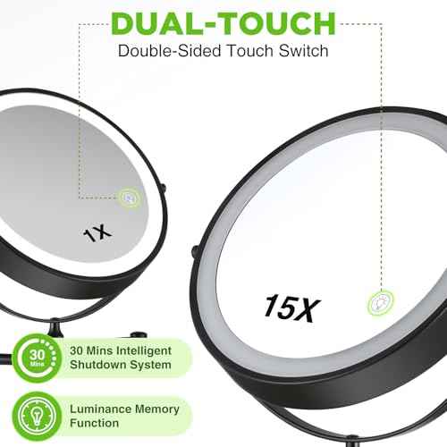 Wall Mounted Makeup Mirror: 1x/15x Magnifying Mirror with 8.5" Double Sided, Vanity Makeup Mirror for Bathroom, Brush Black