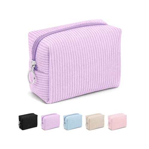 MAGEFY Corduroy Makeup Bag - Small Purple Travel Cosmetic Pouch with Zipper