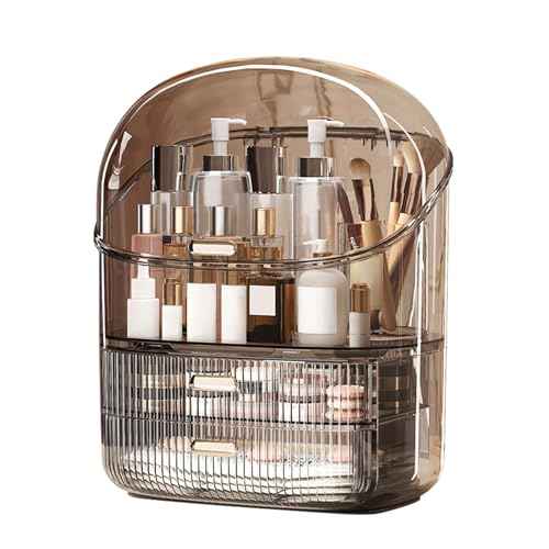 DASITON Makeup Organizer for Vanity,Large Capacity Cosmetic Organizer for Countertop,3 Layers Makeup Storage Organizer,Waterproof & Dustproof Cosmetic Display Case for Bathroom,Dresser,Bedroom(Coffee)
