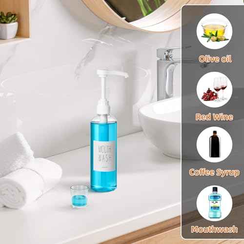 VITVITI Plastic Mouthwash Dispenser for Bathroom, 17 OZ Pump Mouth Wash Container Bottle with Cup, Clear Refillable Mouthwash Dispenser with Labels