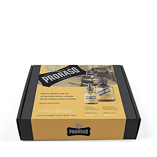 Proraso Wood and Spice Beard Care Duo Kit - Beard Wash and Oil with Warm, Woodsy Scent for Long or Full Beards - Premium Italian Gift Set for Men