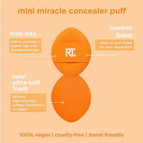 Real Techniques Mini Miracle Concealer Puff Trio, Small Makeup Puff For Liquid & Cream Foundation & Concealer, Targeted Concealing, Travel Friendly & Reusable, Vegan & Cruelty Free, 3 Count