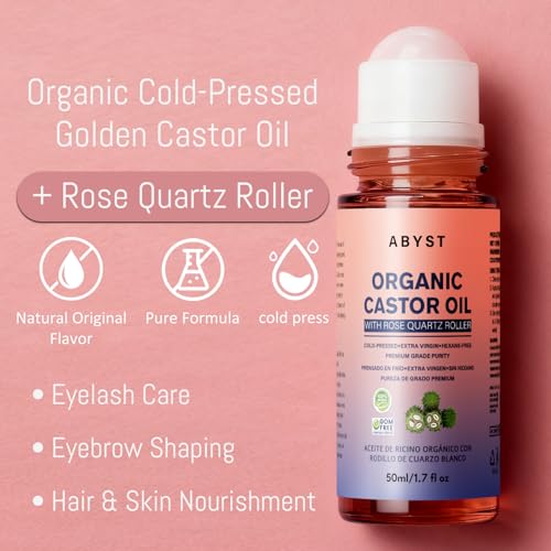 Organic Castor Oil Roll On - Rose Quartz Roller Ball for Face & Body, Skin & Hair Moisturizer, Glass Bottle, Pure & Natural, Cold-Pressed (1)