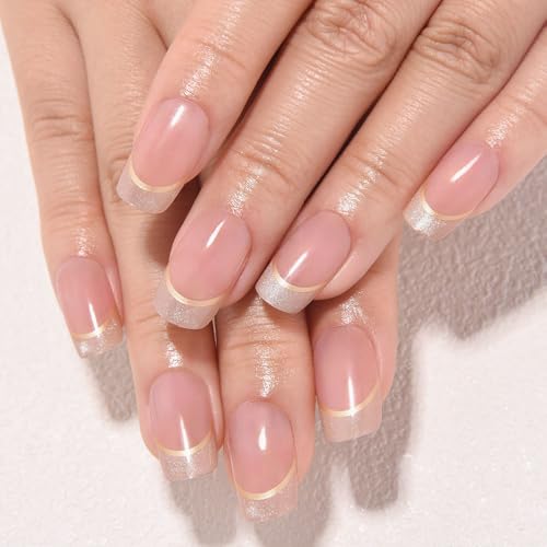Nude Pink & Gold Line French Tip Press-On Nails Medium Square - 24 Count