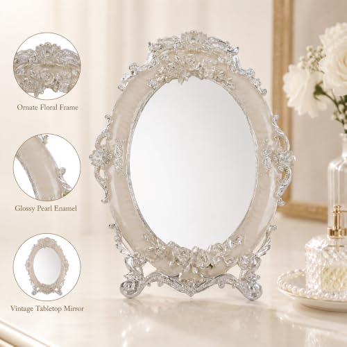 Nerien Vintage Tabletop Makeup Mirror with Stand - Oval Rose Embossed 5x7"
