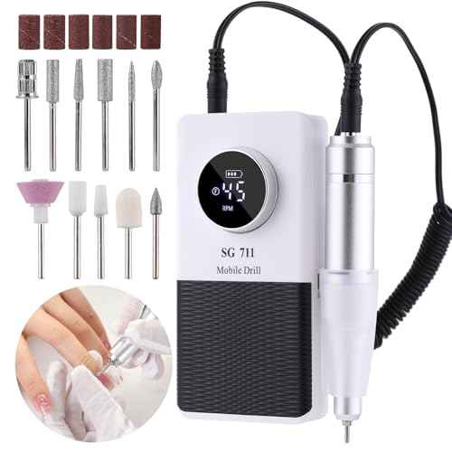 Electric 45000RPM Nail Drill Machine Rechargeable Portable Nail File Electric DIY Nail Drill Kit with Smart LCD Screen for Gel Nail Manicure and Pedicure Reflective Body etc (White)