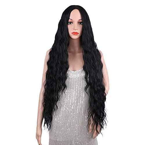 Long Black Wig for Women 36 inch Super Long Water Wavy Wigs Heat Resistant Synthetic Soft Wavy Fluffy Curly Wig for Daily Party Use Halloween Wig
