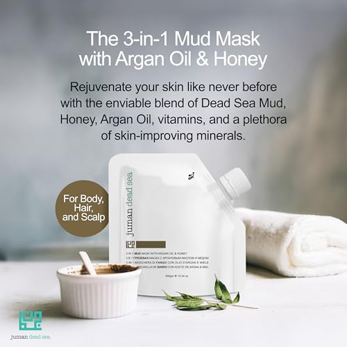 JUMAN Dead Sea Minerals 3-in-1 Mud Mask with Argan Oil and Honey | For Body, Face & Scalp | Dead Sea Mud Mask | Free from Sulphates & Parabens | Vegan | Cleanse & Nourishes