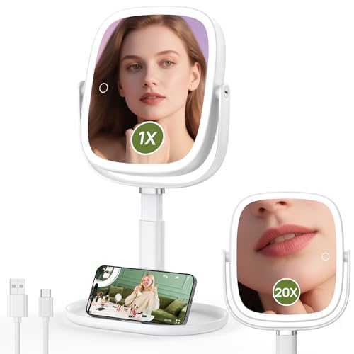 Glowtop White Height Adjustable Lighted Makeup Mirror with 20X Magnification